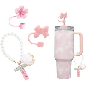 Letter Charm Accessories for Stanley Cup 30&40 Oz with Handle, 3Pcs Cute Initial Letter Charms for Stanley Tumbler with 2Pcs Silicone Straw Toppers, Personalized Pearl Chain Decor for Women Girls