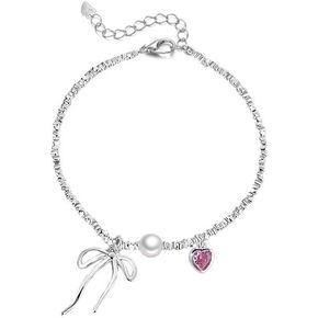 Dainty Pink Heart CZ Bow Dangle Drop Sterling Silver Plated Pearl Beaded Bracelets for Women Minimalist Heart Love Charm Bracelet Adjustable Chain Fashion Jewelry Birthday Valentine's Day Gift Her Daughter Bff