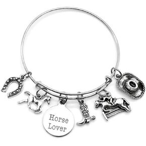 Kit's Kiss Horse Bracelet, Horse Jewelry, Cowgirl Bracelet, Cowgirl Jewelry, Cowboy Hat Charm, Cowboy Boot Charm, Horse Riding Charm, Gift for Horse Lover, Cowgirl Bangle Bracelet