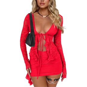 CSDAJIO 2 Piece Outfits for Women Floral Lace Open Front Tie Up Long Sleeve Crop Top Blouse Shirt and Mini Skirt Set