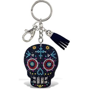 Sugar Skull Keychain - Black Sparkling Rhinestones Charm with Tassel, Fashionable Stylish Polyester PU Key Ring Bling Jewelry Accessory with Clasp For Key Chain, Bag, Purse & Backpack