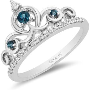Jewelili Enchanted Disney Fine Jewelry Sterling Silver 2.7MM and 1.7MM Round Cut London Blue Topaz with 1/6 Cttw Natural White Round Diamonds Cinderella Tiara Ring