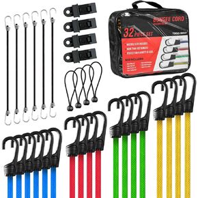 Auto Dynasty 32PCS Bungee Cords, Bungee Cords Heavy Duty Outdoor Assorted Sizes in Organize Bag, 10" 18" 24" 32" 40" Bungee Cords with Hoooks, 8" Bungee Balls, Tarp Clips