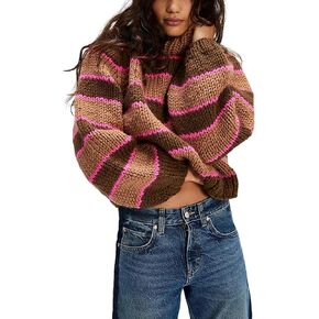 Yeokou سترة نسائية مخططة سترة الياقة المدورة مضلع متماسكة عادية خريف شتاء تريكو (بني-M) in Kuwait