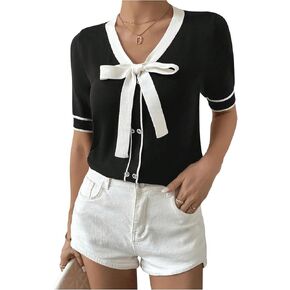 Verdusa Women's Contrast Short Sleeve Bow Tie V Neck Casual Knit Top