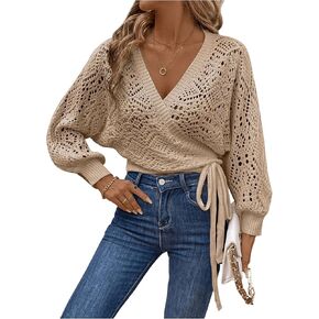 MakeMeChic Women's Pointelle Lantern Sleeve V Neck Wrap Tie Side Cardigan Sweater Crop Knitwear