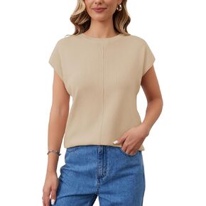 Womens Summer Cap Sleeve Tank Tops Crew Neck Knit Sweater Vest Casual Loose Basic Tees Shirts