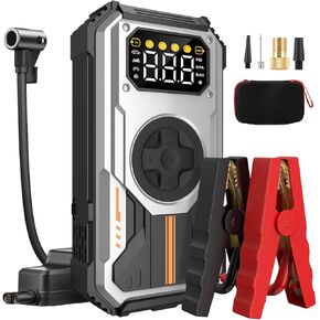 Car Battery Jump Starter with Air Compressor, car Jumper Portable 6000A (Up to 7.5L Gas, 6L Diesel), LCD Display LED Flashlight Operating Temperature -20℃ to 70℃ (PD-270, 6000A)