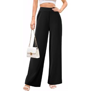 Womens Wide Leg Pants High Waisted Elastic Waffle Dressy Casual Business Trousers with Pockets Black