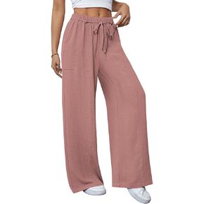 Pink Queen Womens Casual Linen High Waist Pants Drawstring Loose Fit Summer Work Pants Trousers with Side Pockets