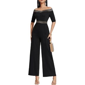 WDIRARA Women's Printed Half Sleeve Off Shoulder High Waist Romper Jumpsuit