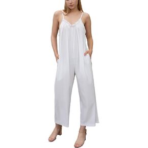 Summer Jumpsuits for Women Smocked Ruffle V Neck Adjustable Spaghetti Strap Sleeveless Wide Leg With Pockets