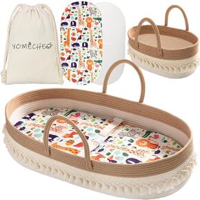 Baby Changing Basket, BOHO Moses Baskets for Newborn, Baby Basket for Baby Dresser, Diaper Changing Basket for Baby with Diaper Caddy, Cartoon Changing Pad, Waterproof Sponge Cushion, Storage Bag