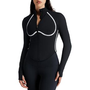 Women Cropped Jacket Contrast Seam Workout Zip Up Athletic Jacket Yoga Sportswear with Thumb Holes