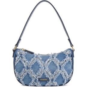 Missnine Crescent Shoulder Bags for Women Fringe Denim Hobo Handbag Small Trendy Distressed Jean Purse Clutch Mini Tote Bag