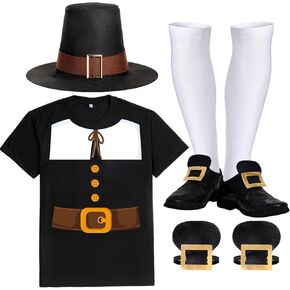 HooLing 4 Pcs Thanksgiving Pilgrim Costume Set for Shirt Pilgrim Hat Socks Shoe Covers Historic Pilgrim Costume Accessory