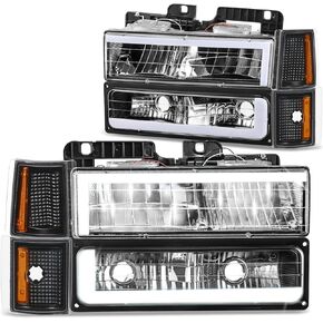 DNA MOTORING C Style LED DRL Headlight+Bumper Signal+Corner Lamps Set Compatible with 92-99 Chevy GMC C/K 1500 2500 Suburban Yukon,Black/Amber, HL-LB2-8P-C10-3G-BK-AM