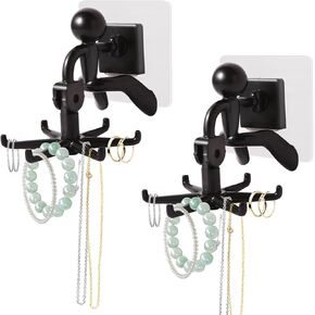 2 PCS 360°Rotating Hanging Jewelry Organizer for Storage Necklace, Bracelets, Watches, Rings, Self-Adhesive Necklace Holder Organizer for Wall, Closet and Door, Bathroom, White
