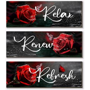 3 Pcs Red Bathroom Decor Red Wooden Bathroom Wall Decor Red Roses Wall Decor Relax Signs Red Wall Art for Women Bathroom Living Room Bedroom Kitchen Home Decor(Red Rose, 12 x 4 Inch)