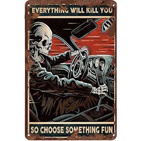 Creative Tin Sign Skeleton Auto Racing Funny Novelty Metal Sign Retro Wall Decor for Home Gate Garden Bars Restaurants Cafes Office Store Pubs Club Sign Gift 12 X 8 INCH Plaque Tin Sign