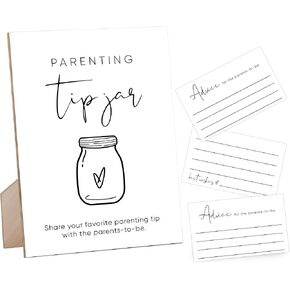 Baby Parenting Tip Jar Sign, Baby Shower Sign for Baby Shower Centerpiece, Baby Shower Party Favors for Baby Gender Reveal Games, White Simple Style Wood Sign & 50 Baby Advice Cards,12