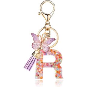 Fashion Alphabet Initial Letter Keychain Tassel Butterfly Pendant Key Ring for Purse Handbags Women Girl
