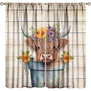 Highland Cow Farm Curtains Cute Cow Flowers Barn Door Western Farmhouse Rustic Funny Blackout Window Drapes for Bedroom Living Room Kitchen Cafe Decor （W21xL45 Inch） x2 Decor