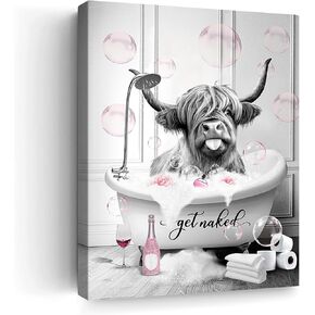 Highland Cow Bathroom Wall Art Black and White Animals Highland Cow Wall Decor Farmhouse Cow in Bathtub Bathing Canvas Prints Framed Artwork Pink Bubbles Bathroom Decor Wall Art for Restroom 12"x16"