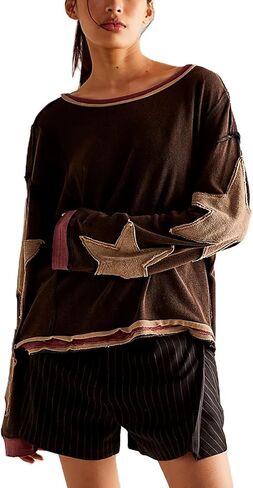 Amiblvowa Oversized Sweatshirt Women Star Graphic Crewneck Y2k Long Sleeve Vintage Striped Jacket Sweater Shirt Pullover Top in Saudi Arabia