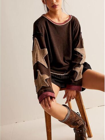 Amiblvowa Oversized Sweatshirt Women Star Graphic Crewneck Y2k Long Sleeve Vintage Striped Jacket Sweater Shirt Pullover Top in Saudi Arabia