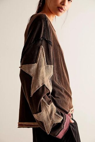 Amiblvowa Oversized Sweatshirt Women Star Graphic Crewneck Y2k Long Sleeve Vintage Striped Jacket Sweater Shirt Pullover Top in Saudi Arabia
