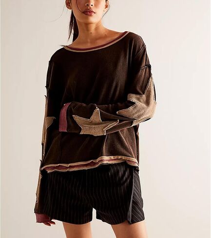 Amiblvowa Oversized Sweatshirt Women Star Graphic Crewneck Y2k Long Sleeve Vintage Striped Jacket Sweater Shirt Pullover Top in Saudi Arabia