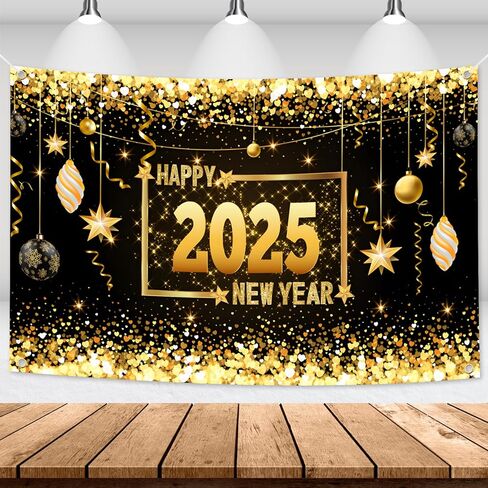 Mega-L Happy New Year 2025 Backdrop, XtraLarge New Year Banner 83x60 Inch Fabric Photo Backdrop, Black and Gold New Year Eve Party Background Decorations New Year Party Supplies 2025 in Saudi Arabia