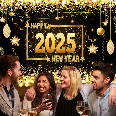 Mega-L Happy New Year 2025 Backdrop, XtraLarge New Year Banner 83x60 Inch Fabric Photo Backdrop, Black and Gold New Year Eve Party Background Decorations New Year Party Supplies 2025 in Saudi Arabia