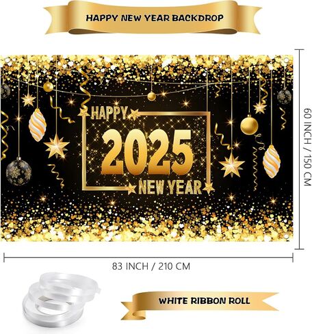 Mega-L Happy New Year 2025 Backdrop, XtraLarge New Year Banner 83x60 Inch Fabric Photo Backdrop, Black and Gold New Year Eve Party Background Decorations New Year Party Supplies 2025 in Saudi Arabia