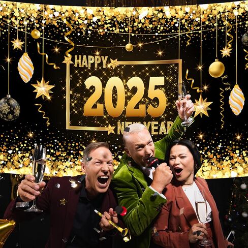 Mega-L Happy New Year 2025 Backdrop, XtraLarge New Year Banner 83x60 Inch Fabric Photo Backdrop, Black and Gold New Year Eve Party Background Decorations New Year Party Supplies 2025 in Saudi Arabia