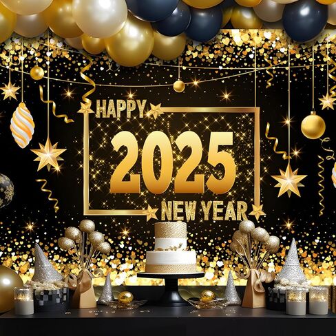 Mega-L Happy New Year 2025 Backdrop, XtraLarge New Year Banner 83x60 Inch Fabric Photo Backdrop, Black and Gold New Year Eve Party Background Decorations New Year Party Supplies 2025 in Saudi Arabia