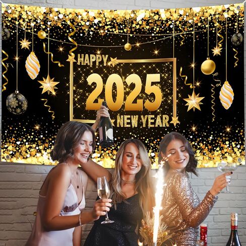 Mega-L Happy New Year 2025 Backdrop, XtraLarge New Year Banner 83x60 Inch Fabric Photo Backdrop, Black and Gold New Year Eve Party Background Decorations New Year Party Supplies 2025 in Saudi Arabia