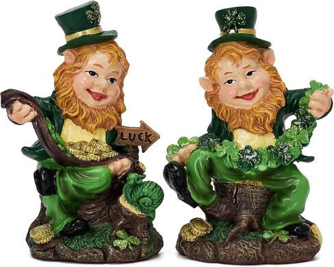 Valery Madelyn St Patricks Day Leprechaun Figurines, Pair of Whimsical Irish Decor with Shamrocks and Luck Sign, Medium Green Resin St Patricks Gnome Gifts for Home or Office Table Decor, 3.5 Inch in Kuwait