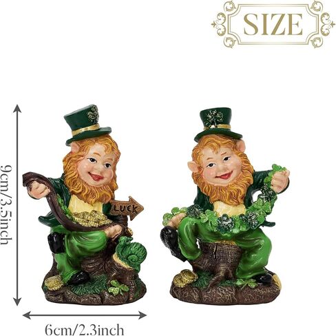 Valery Madelyn St Patricks Day Leprechaun Figurines, Pair of Whimsical Irish Decor with Shamrocks and Luck Sign, Medium Green Resin St Patricks Gnome Gifts for Home or Office Table Decor, 3.5 Inch in Kuwait