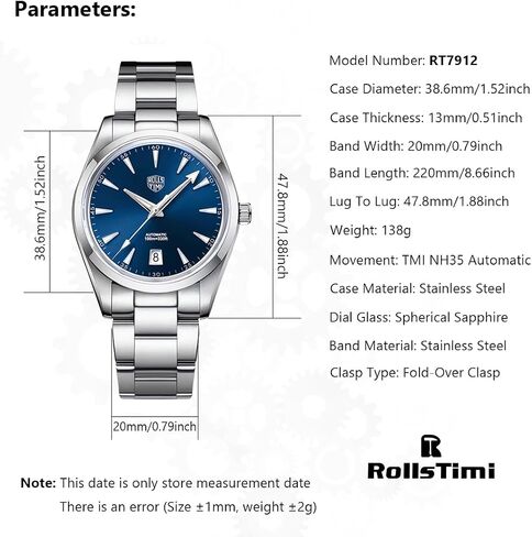 RollsTimi Pagani Design 7912 Men's Automatic Watches, NH35 Movement Stainless Steel Band Waterproof Wristwatch, Self Winding Business Luminous Wrist Watch, Man Fashion Casual Analog Mechanical Clock in Saudi Arabia
