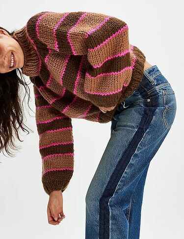 Yeokou سترة نسائية مخططة سترة الياقة المدورة مضلع متماسكة عادية خريف شتاء تريكو (بني-M) in Kuwait