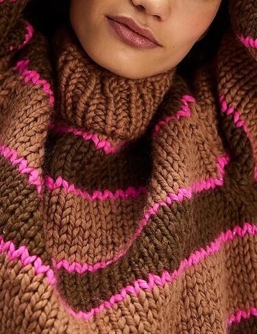 Yeokou سترة نسائية مخططة سترة الياقة المدورة مضلع متماسكة عادية خريف شتاء تريكو (بني-M) in Kuwait