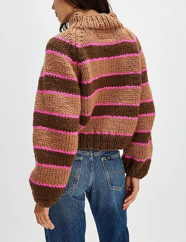 Yeokou سترة نسائية مخططة سترة الياقة المدورة مضلع متماسكة عادية خريف شتاء تريكو (بني-M) in Kuwait