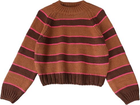 Yeokou سترة نسائية مخططة سترة الياقة المدورة مضلع متماسكة عادية خريف شتاء تريكو (بني-M) in Kuwait