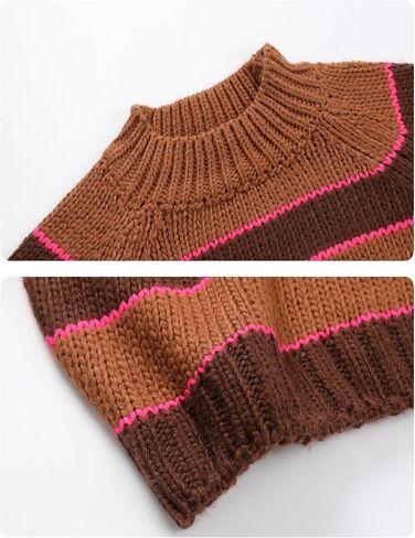 Yeokou سترة نسائية مخططة سترة الياقة المدورة مضلع متماسكة عادية خريف شتاء تريكو (بني-M) in Kuwait