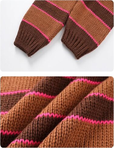 Yeokou سترة نسائية مخططة سترة الياقة المدورة مضلع متماسكة عادية خريف شتاء تريكو (بني-M) in Kuwait