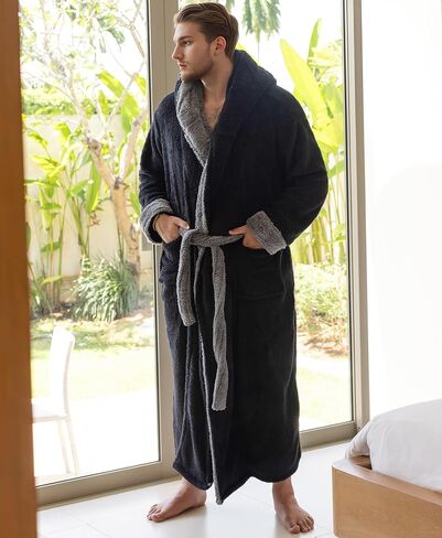 رداء Yoimira للرجال مع غطاء للرأس، رداء طويل من الصوف المخملي كبير وطويل للرجال، رداء حمام كامل الطول مريح ودافئ مع جيوب in Kuwait