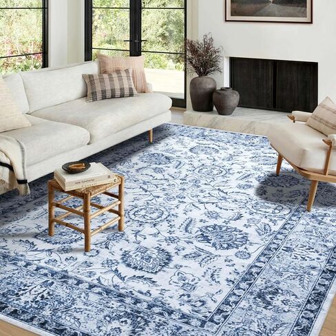 سجاد asrug كبير أزرق 8 × 10 قابل للغسل، سجاد منطقة بوهو عتيق لغرفة المعيشة، غطاء أرضية ميدالية منخفضة الكومة المتعثرة، سجادة غير قابلة للانزلاق لغرفة الطعام وغرفة النوم والحضانة في الأماكن المغلقة، أزرق داكن in Kuwait