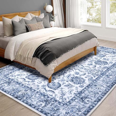 سجاد asrug كبير أزرق 8 × 10 قابل للغسل، سجاد منطقة بوهو عتيق لغرفة المعيشة، غطاء أرضية ميدالية منخفضة الكومة المتعثرة، سجادة غير قابلة للانزلاق لغرفة الطعام وغرفة النوم والحضانة في الأماكن المغلقة، أزرق داكن in Kuwait